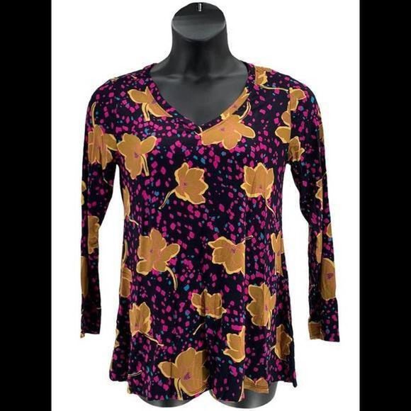 LOGO WOMEN Floral Split Back Top by Lori Goldstein Rayon 230 /Evening Blue - Picture 1 of 3
